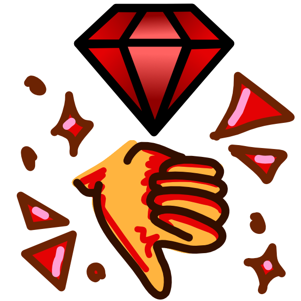 A red gemstone cut like a diamond above a yellow thumbs down hand, surrounded by red sparkles and emphasis marks. The image has dark line art.